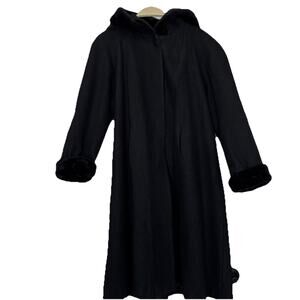 Vantage Marshall Fields Black 100% Wool A Line Trench Coat Faux Fur Hooded 14